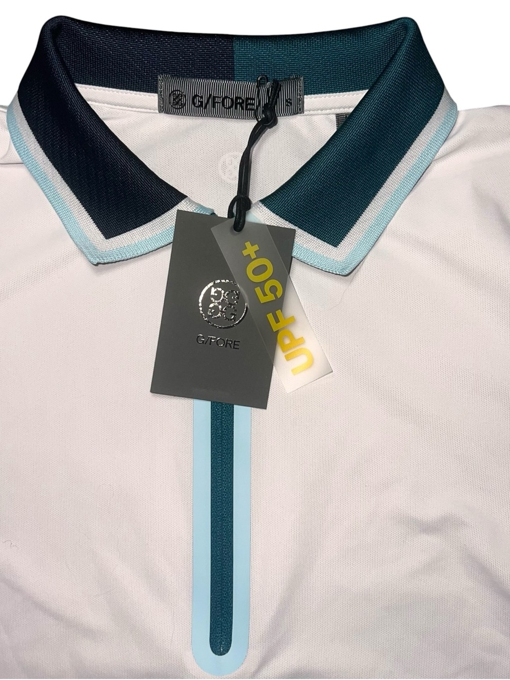 G/FORE White Polo Shirt with Teal and Navy Trim Womens Golf Short Preppy Small - Picture 2 of 7